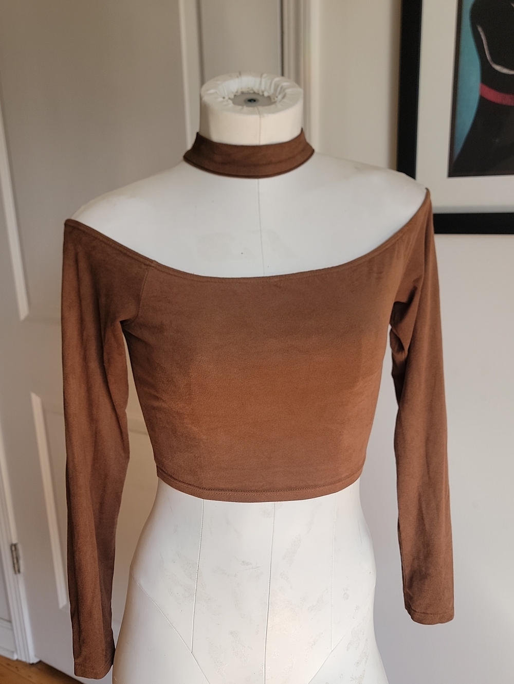 Windsor Brown Faux Suede Off The Shoulder Mock Neck Crop Top XS